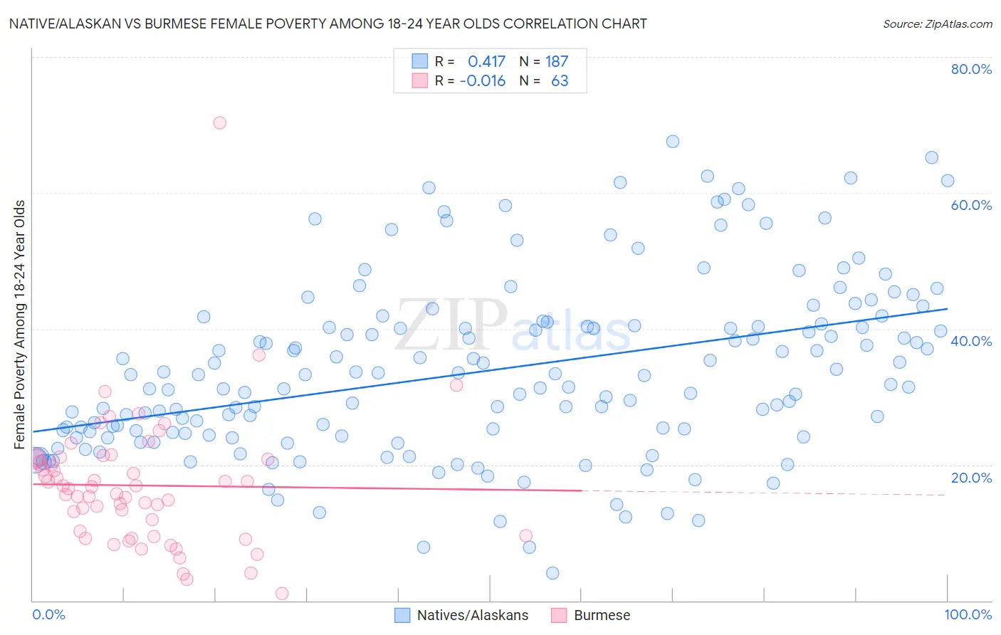 Native/Alaskan vs Burmese Female Poverty Among 18-24 Year Olds
