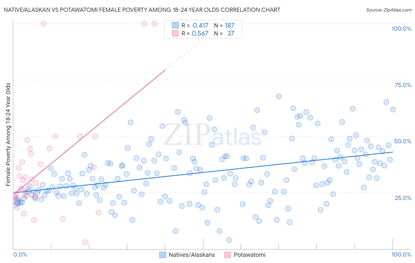 Native/Alaskan vs Potawatomi Female Poverty Among 18-24 Year Olds