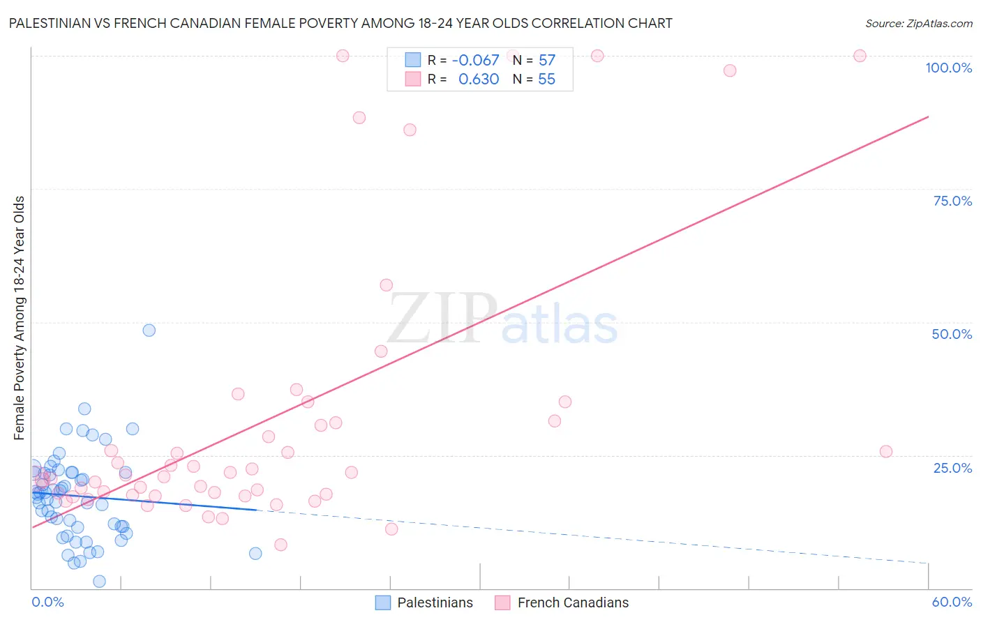 Palestinian vs French Canadian Female Poverty Among 18-24 Year Olds