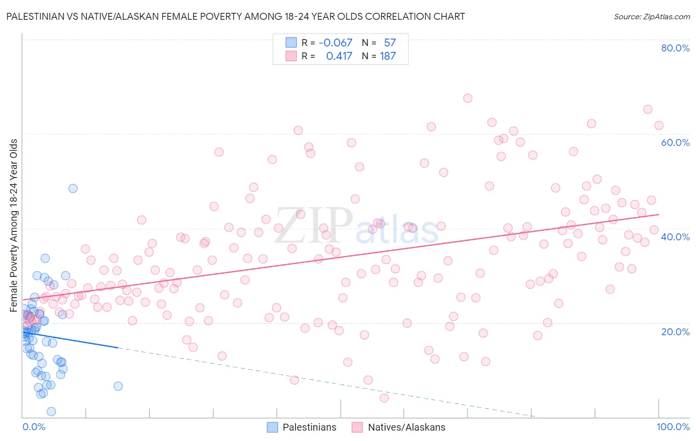 Palestinian vs Native/Alaskan Female Poverty Among 18-24 Year Olds