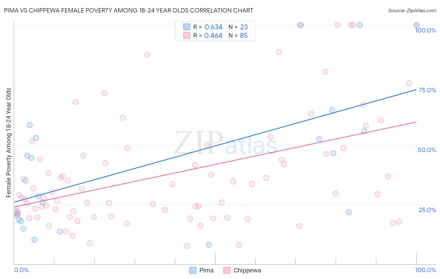 Pima vs Chippewa Female Poverty Among 18-24 Year Olds