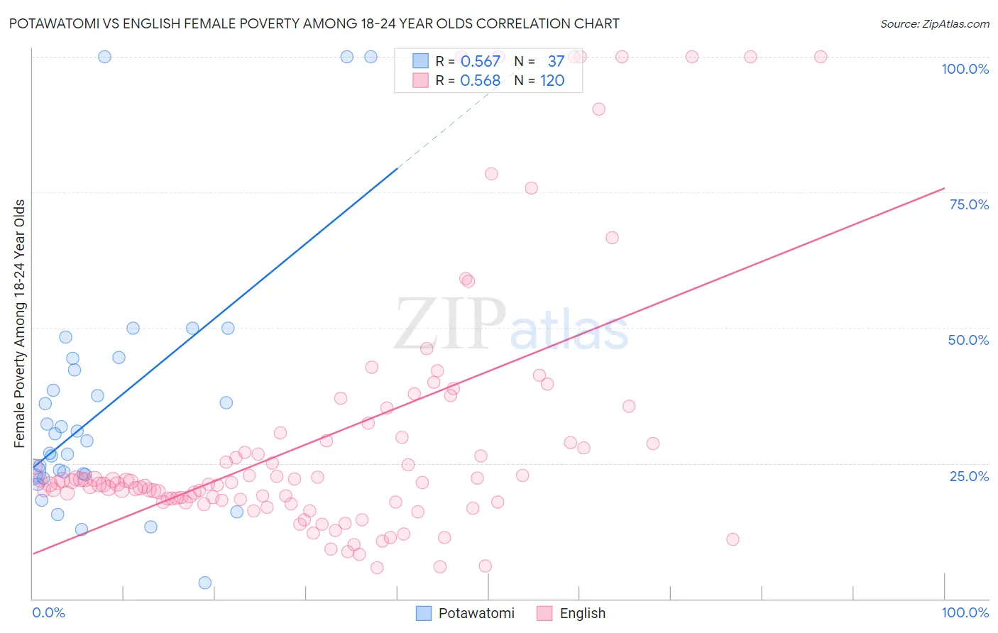 Potawatomi vs English Female Poverty Among 18-24 Year Olds
