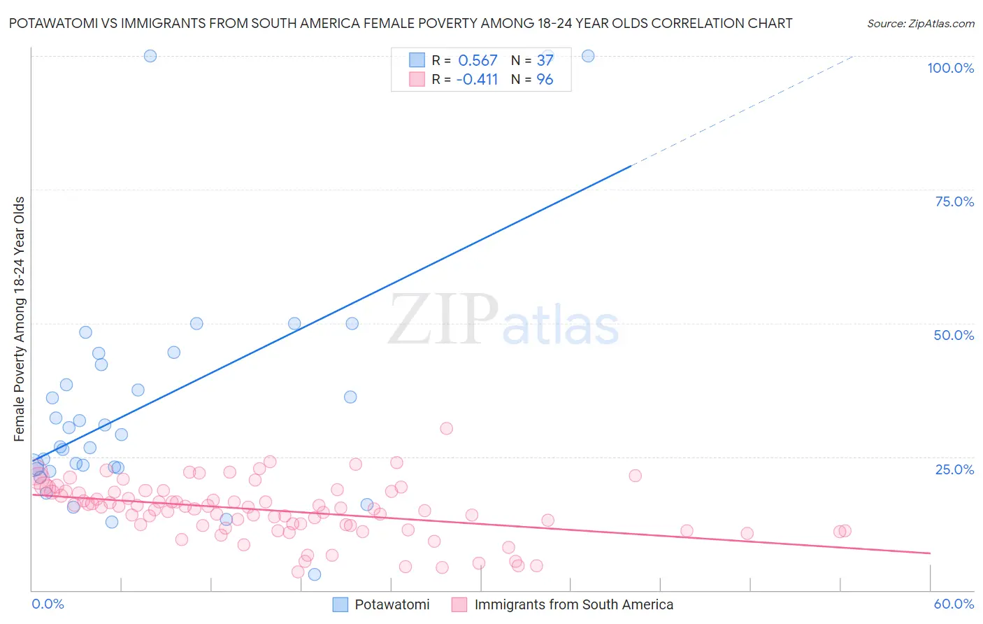 Potawatomi vs Immigrants from South America Female Poverty Among 18-24 Year Olds