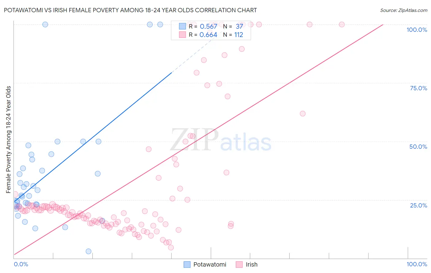 Potawatomi vs Irish Female Poverty Among 18-24 Year Olds