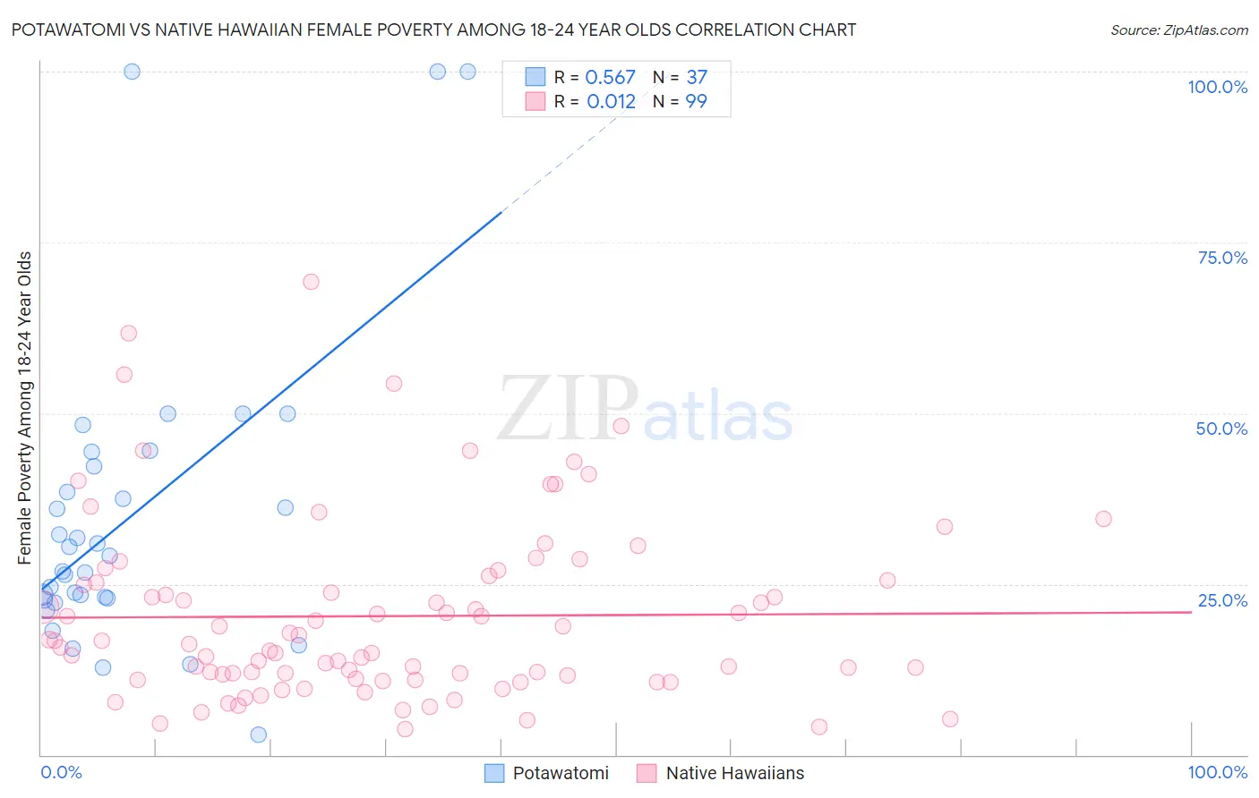 Potawatomi vs Native Hawaiian Female Poverty Among 18-24 Year Olds