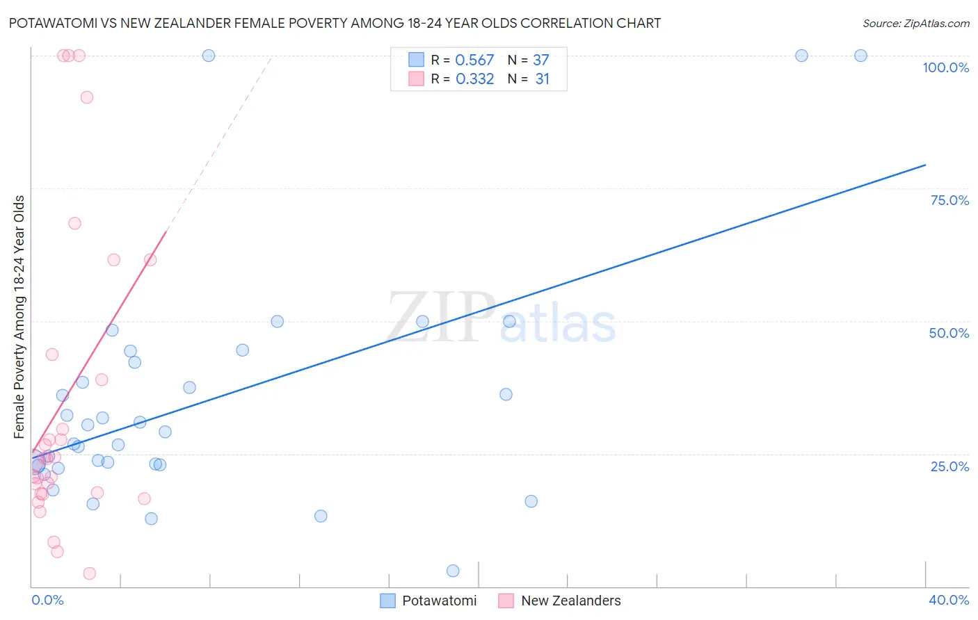 Potawatomi vs New Zealander Female Poverty Among 18-24 Year Olds