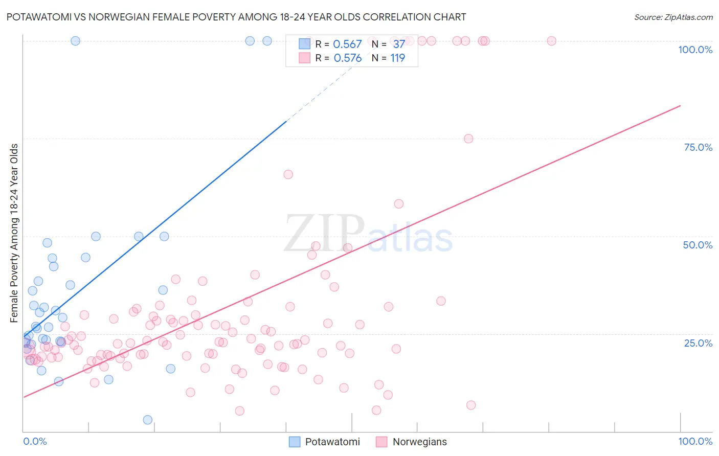 Potawatomi vs Norwegian Female Poverty Among 18-24 Year Olds