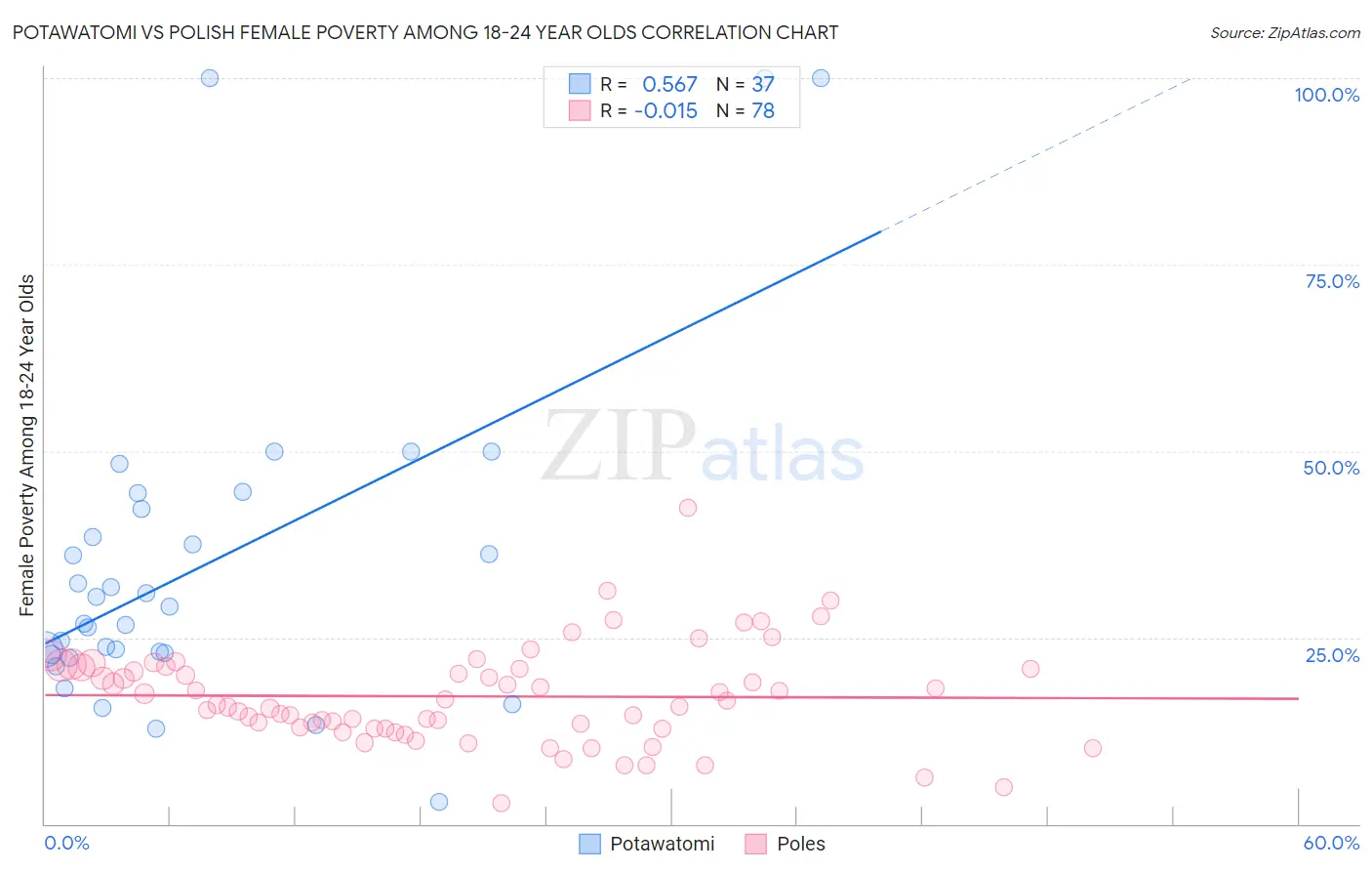 Potawatomi vs Polish Female Poverty Among 18-24 Year Olds