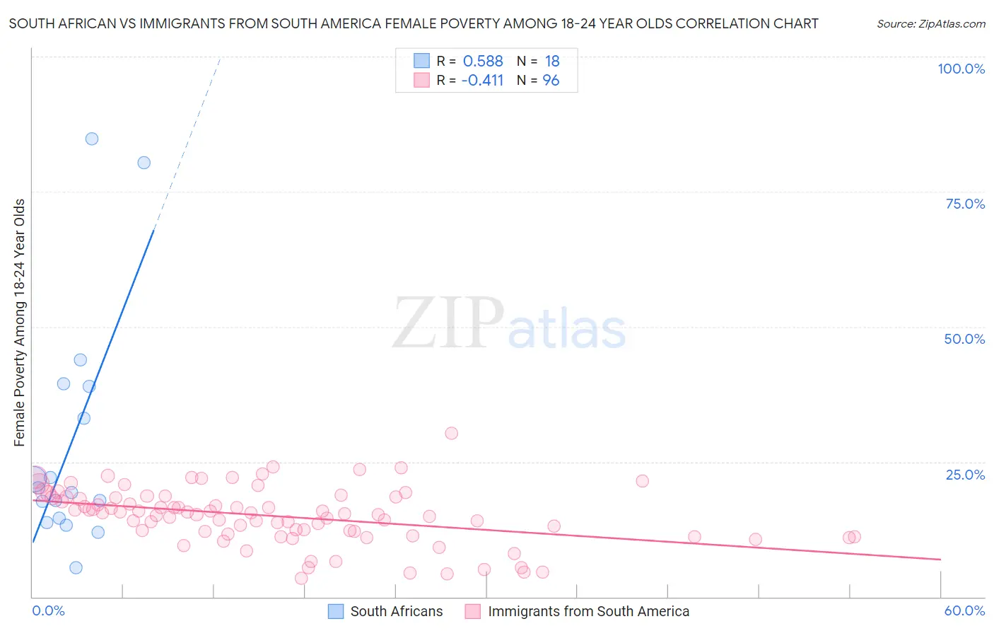 South African vs Immigrants from South America Female Poverty Among 18-24 Year Olds