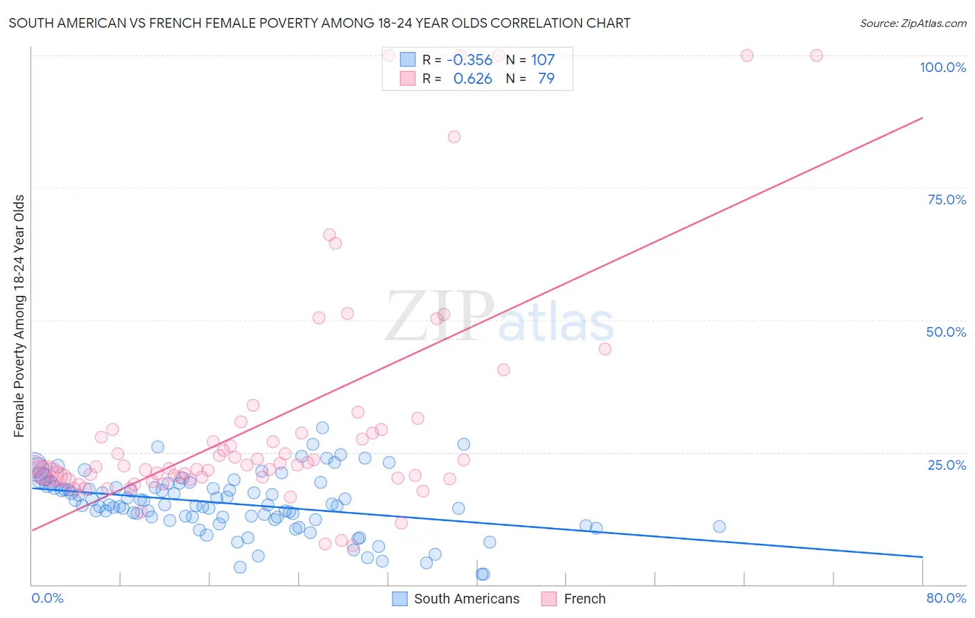 South American vs French Female Poverty Among 18-24 Year Olds