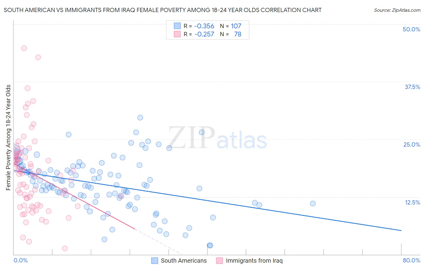 South American vs Immigrants from Iraq Female Poverty Among 18-24 Year Olds