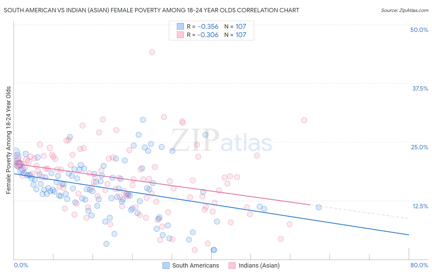 South American vs Indian (Asian) Female Poverty Among 18-24 Year Olds