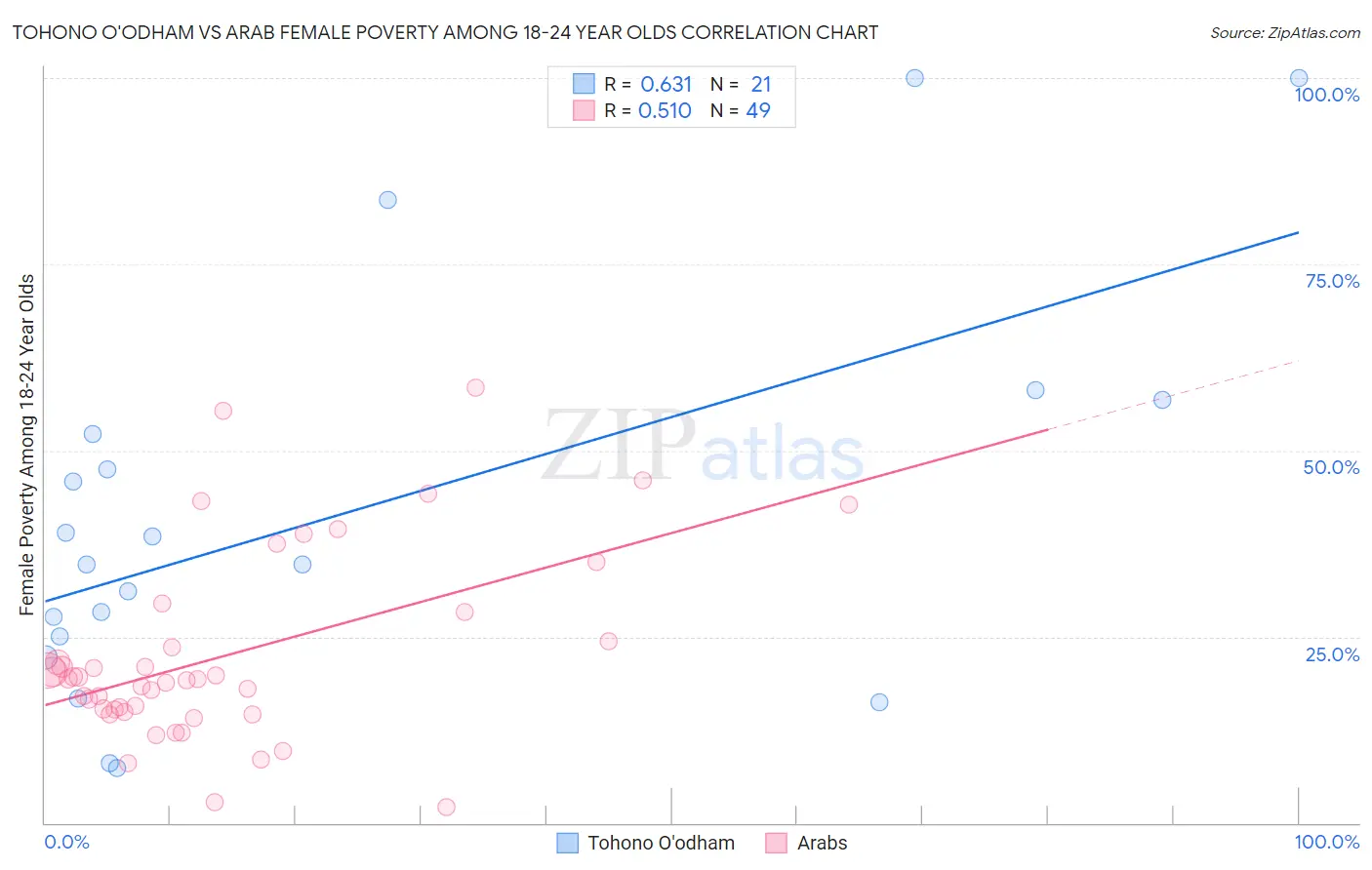 Tohono O'odham vs Arab Female Poverty Among 18-24 Year Olds
