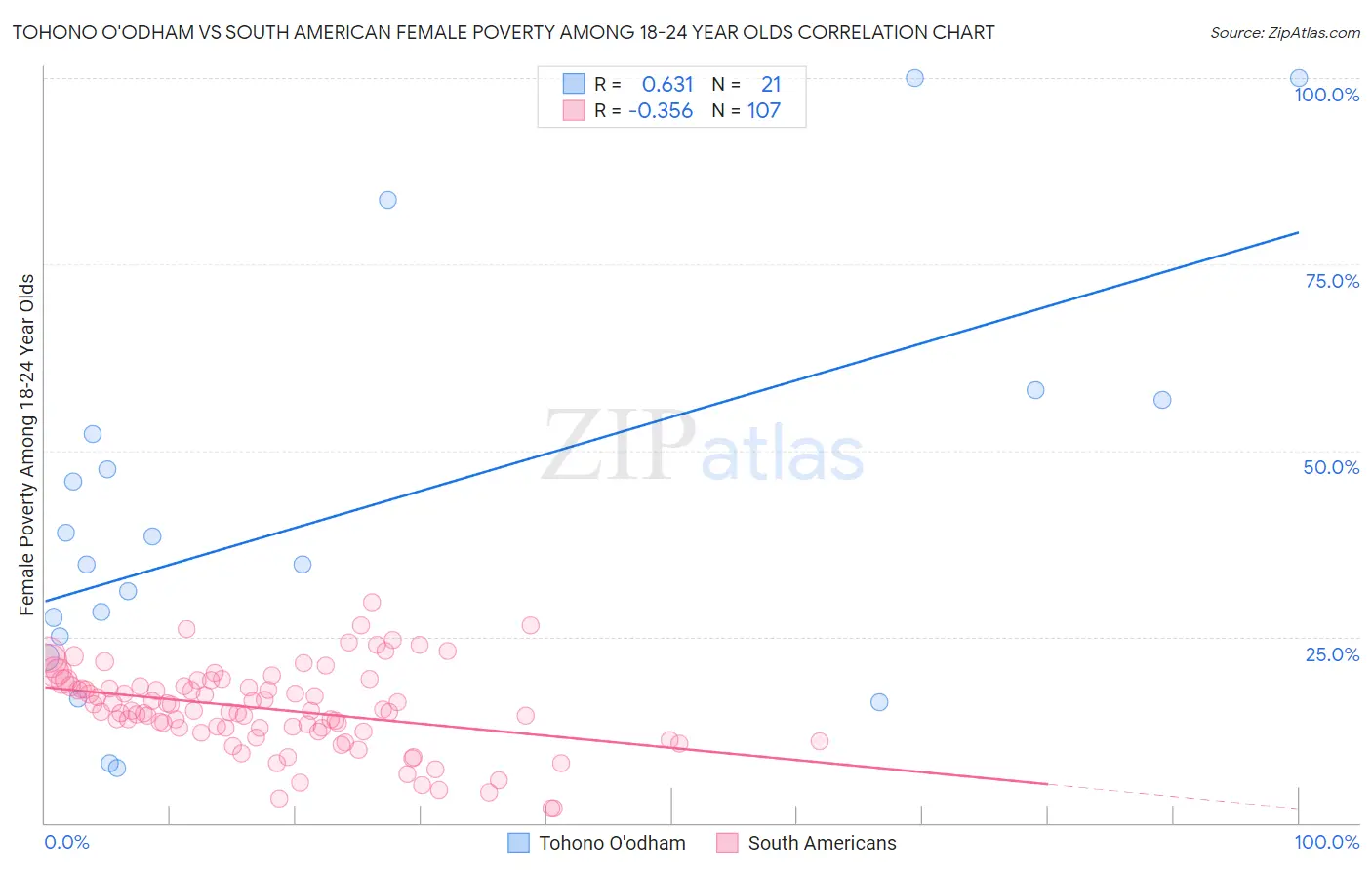 Tohono O'odham vs South American Female Poverty Among 18-24 Year Olds