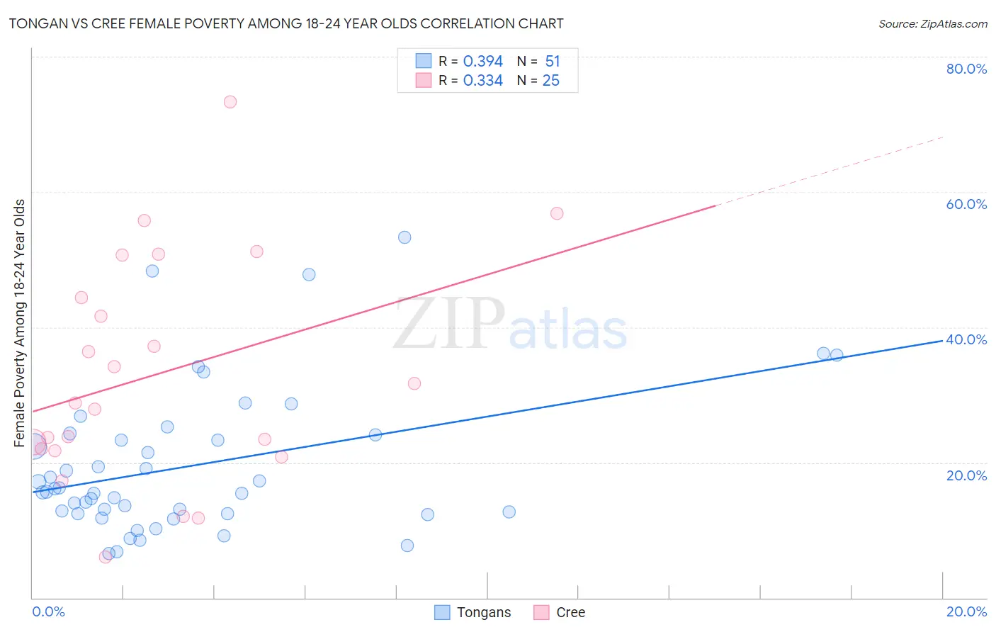 Tongan vs Cree Female Poverty Among 18-24 Year Olds