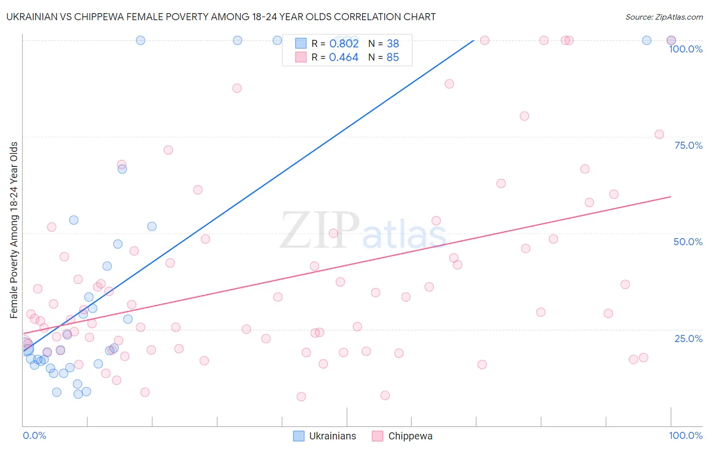 Ukrainian vs Chippewa Female Poverty Among 18-24 Year Olds