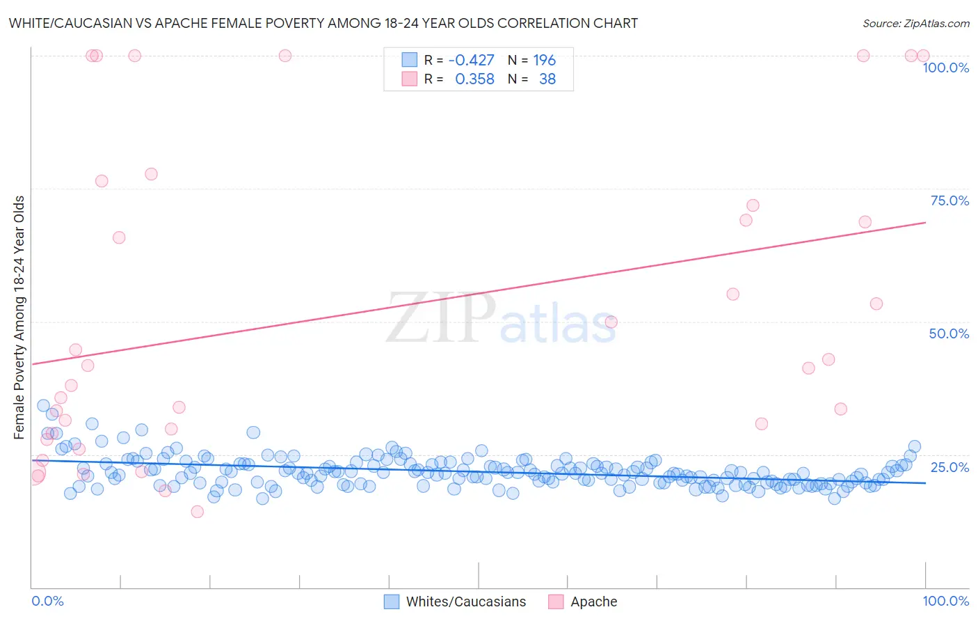 White/Caucasian vs Apache Female Poverty Among 18-24 Year Olds