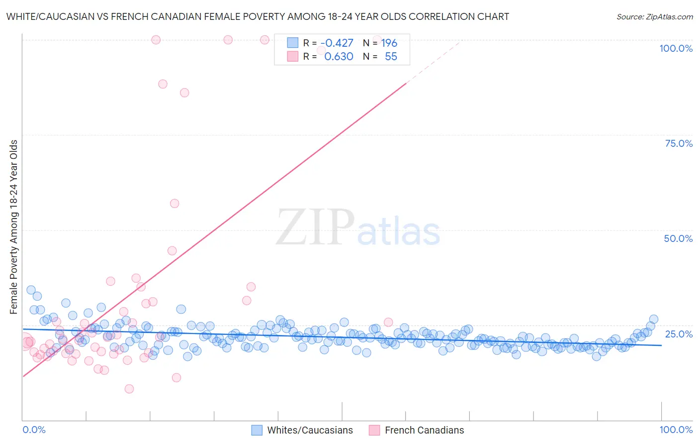 White/Caucasian vs French Canadian Female Poverty Among 18-24 Year Olds