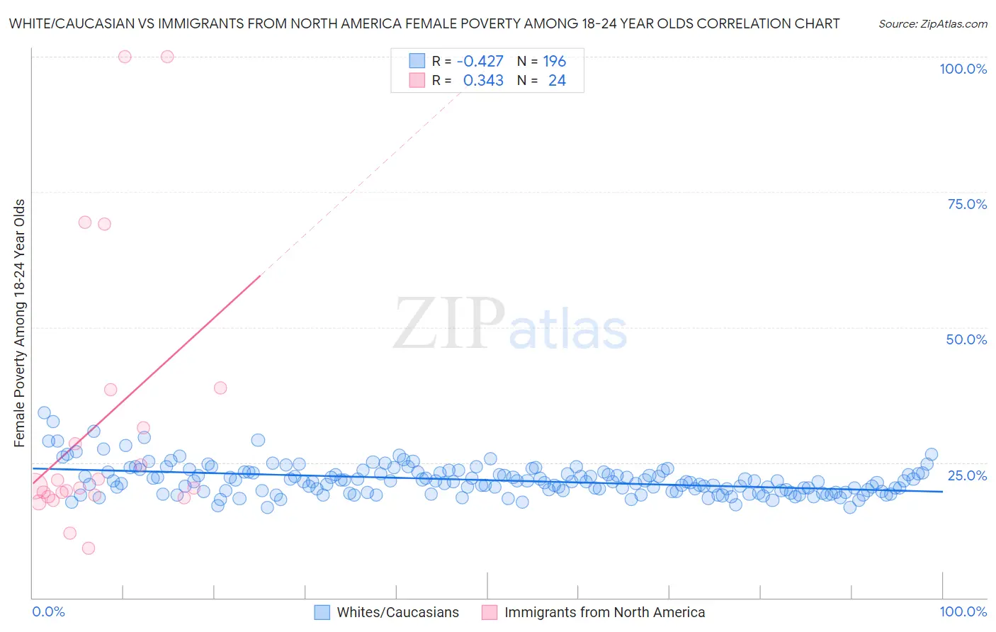 White/Caucasian vs Immigrants from North America Female Poverty Among 18-24 Year Olds