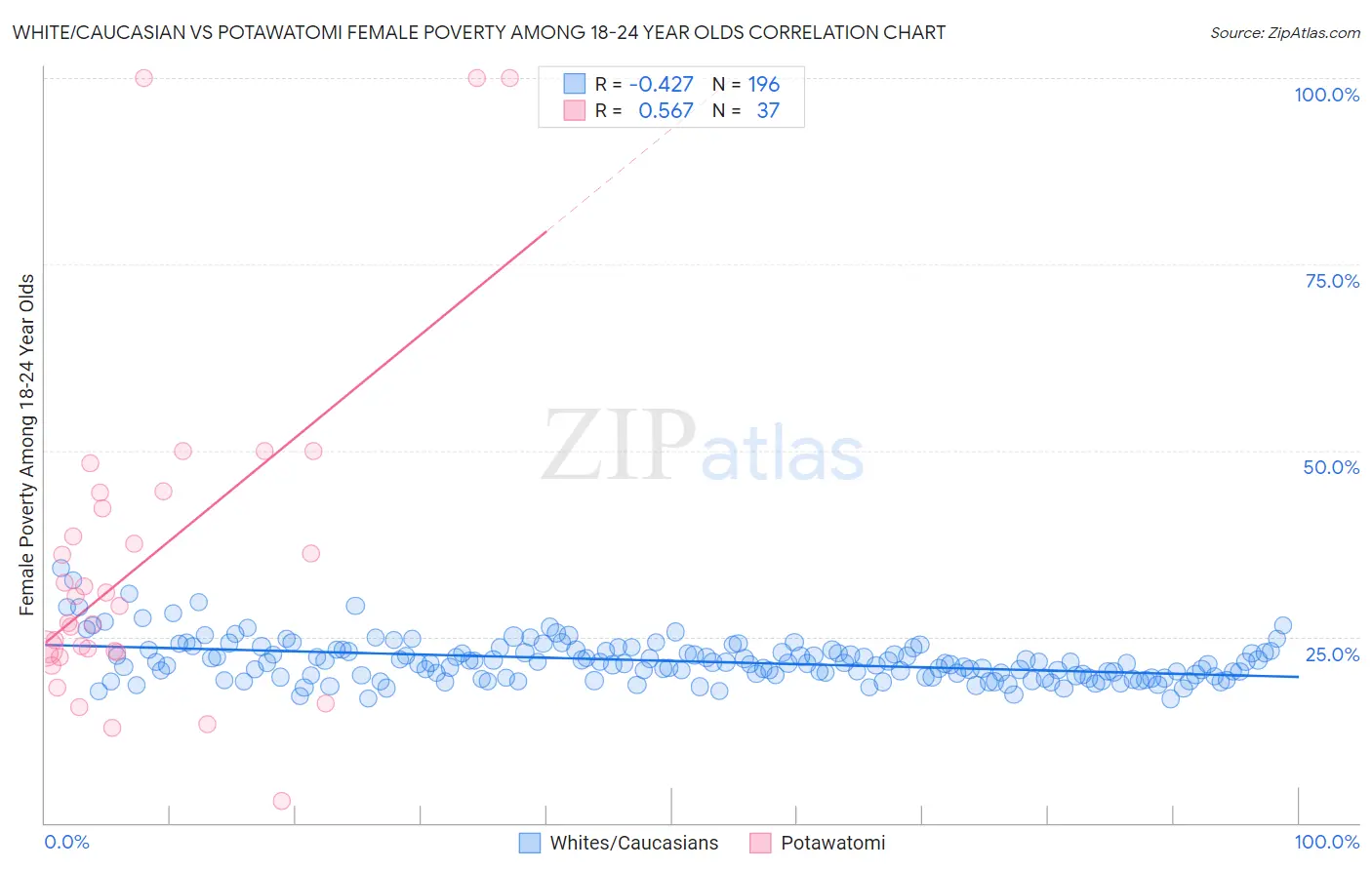 White/Caucasian vs Potawatomi Female Poverty Among 18-24 Year Olds