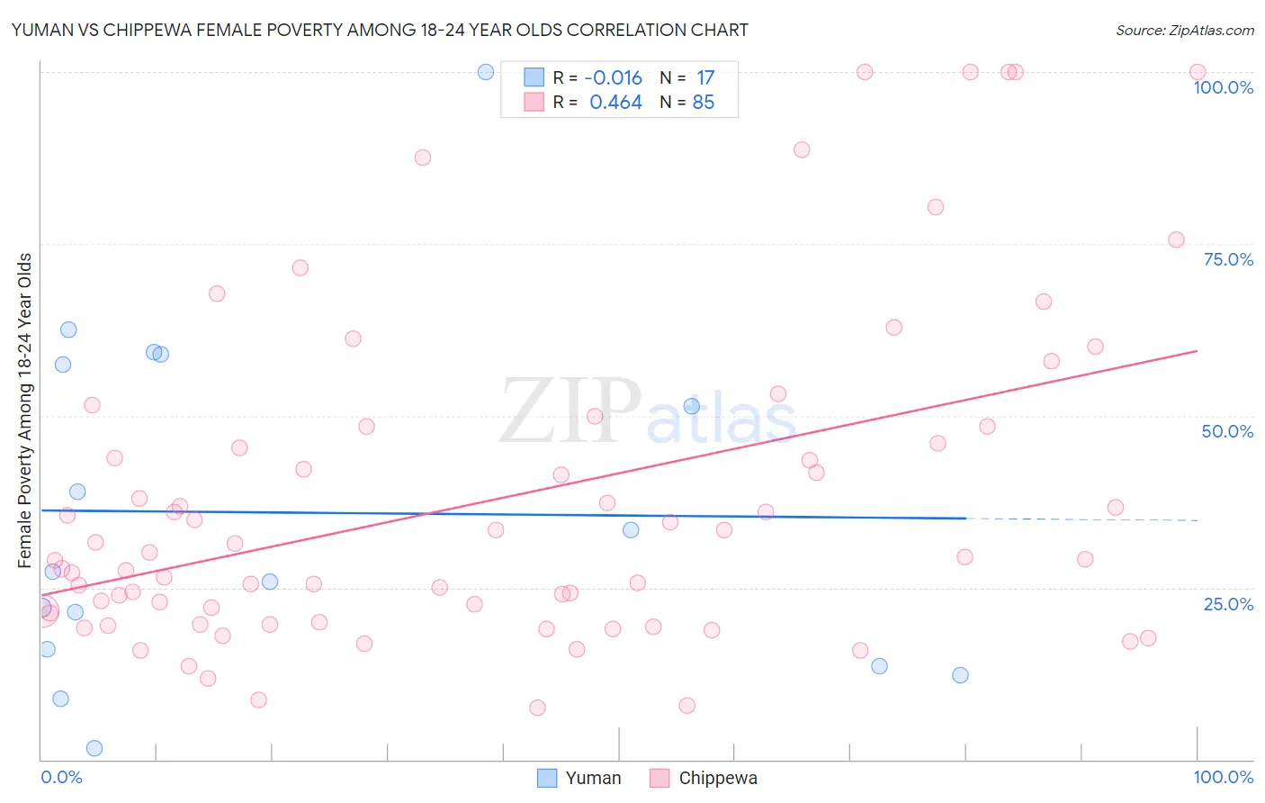 Yuman vs Chippewa Female Poverty Among 18-24 Year Olds