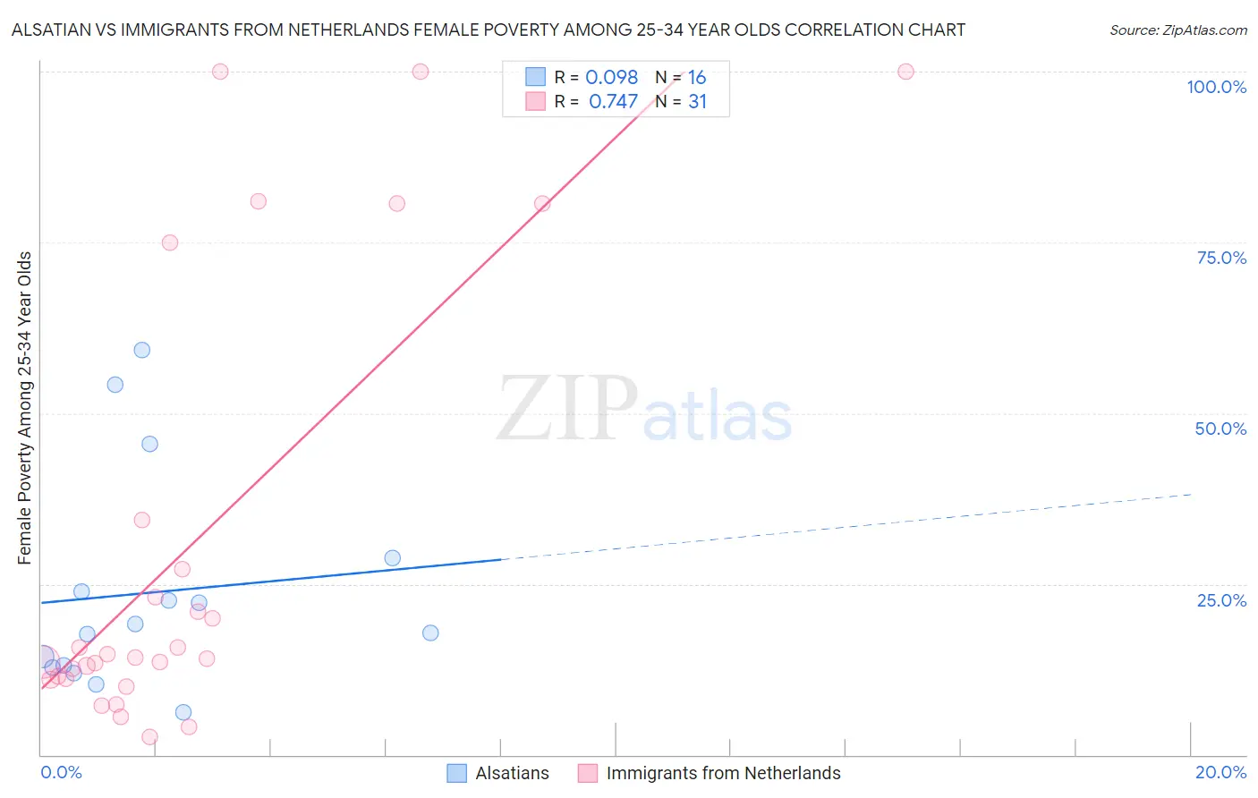 Alsatian vs Immigrants from Netherlands Female Poverty Among 25-34 Year Olds