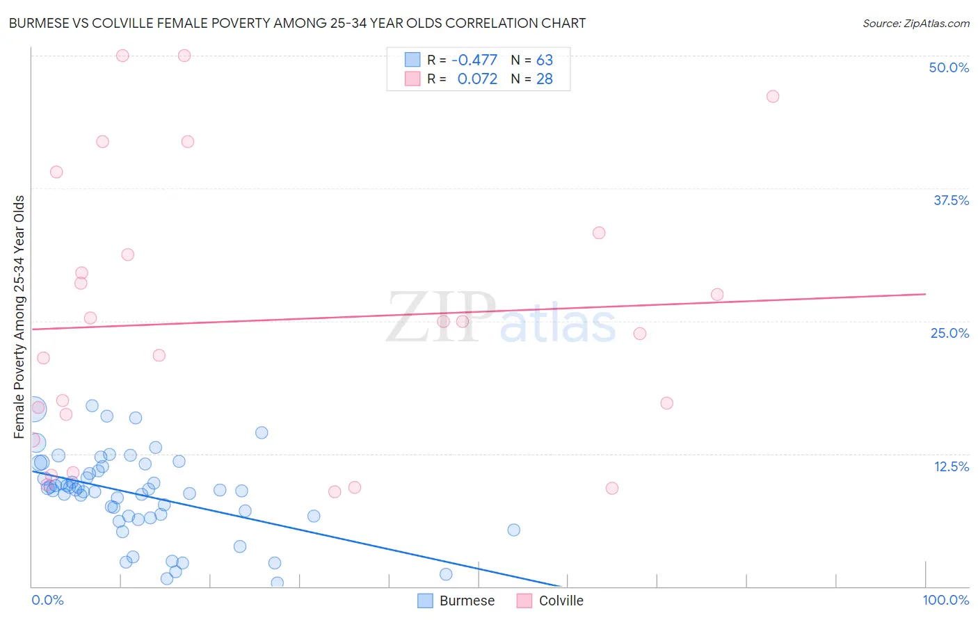 Burmese vs Colville Female Poverty Among 25-34 Year Olds