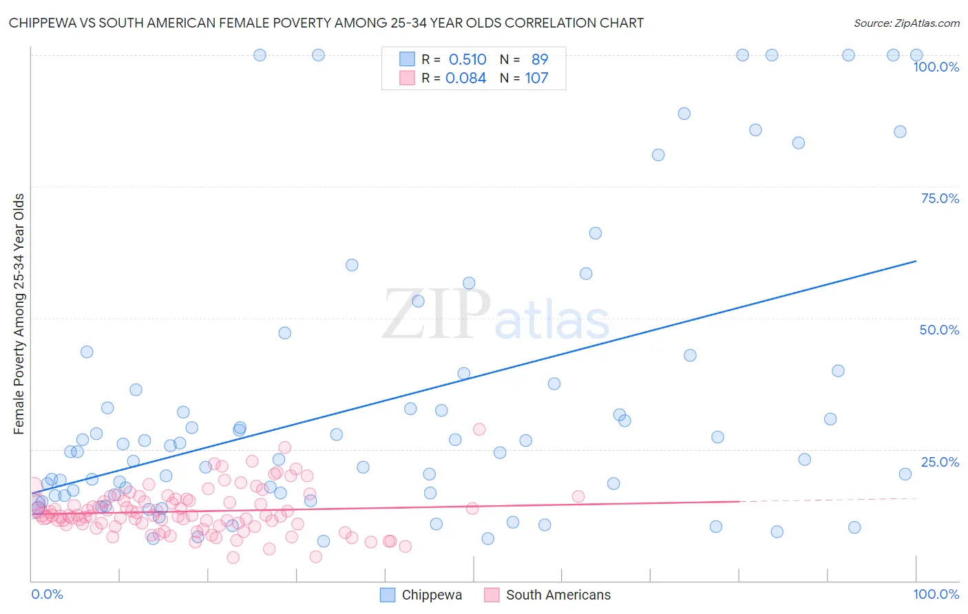 Chippewa vs South American Female Poverty Among 25-34 Year Olds