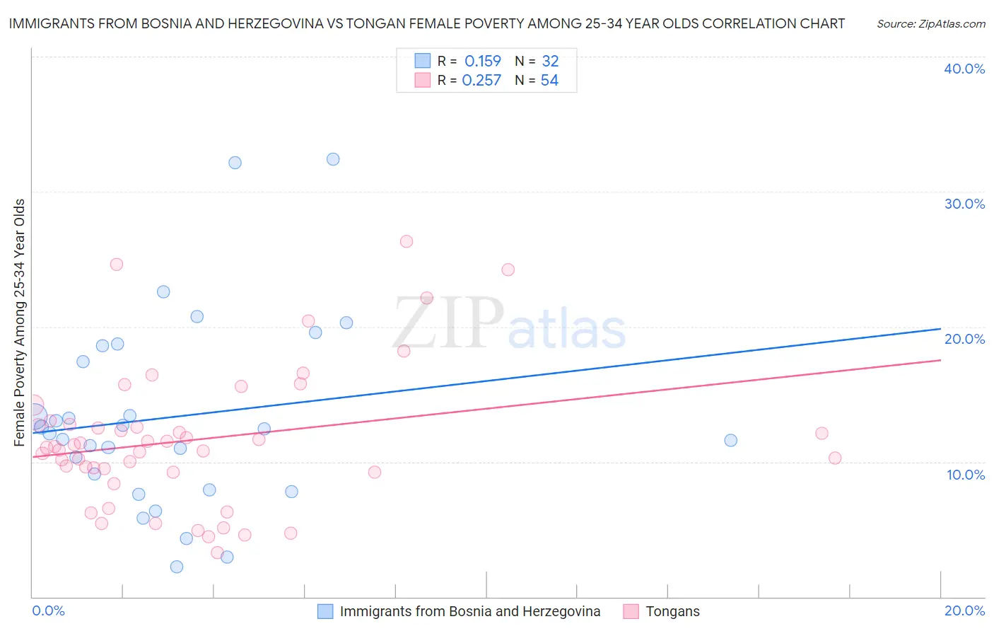 Immigrants from Bosnia and Herzegovina vs Tongan Female Poverty Among 25-34 Year Olds