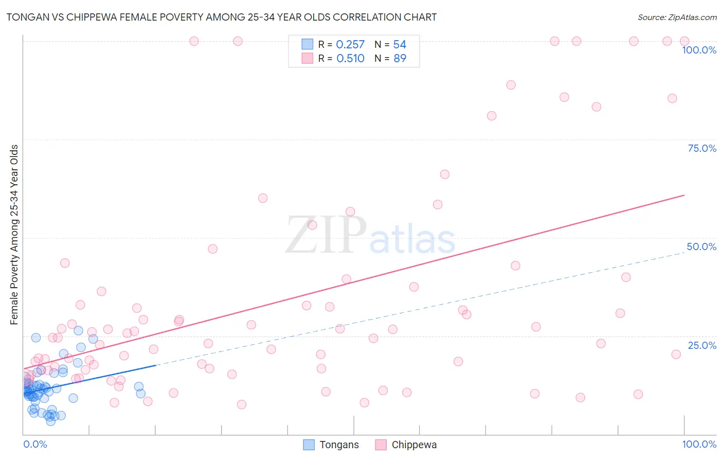 Tongan vs Chippewa Female Poverty Among 25-34 Year Olds