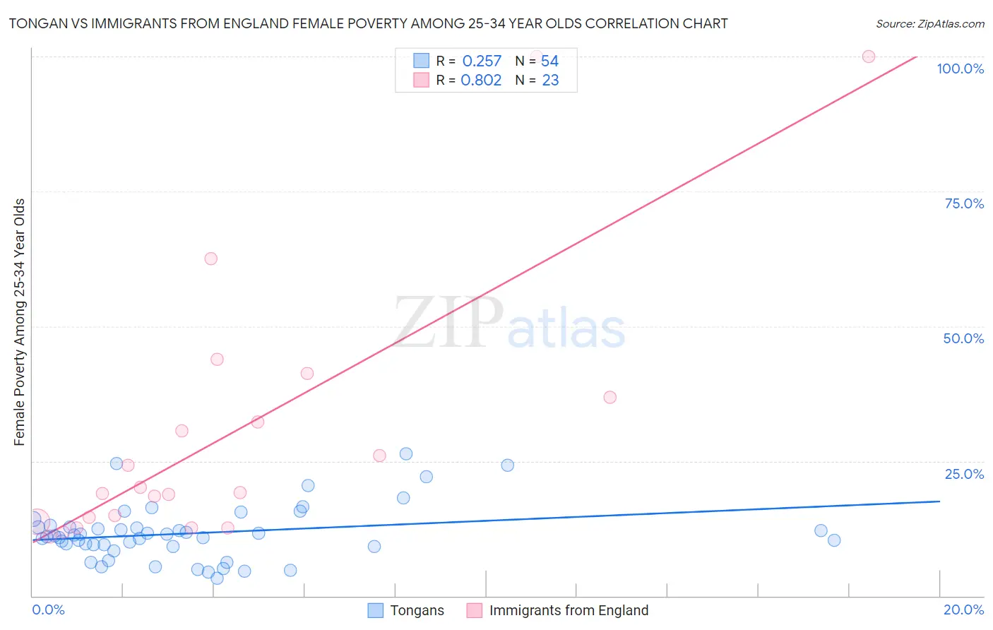 Tongan vs Immigrants from England Female Poverty Among 25-34 Year Olds