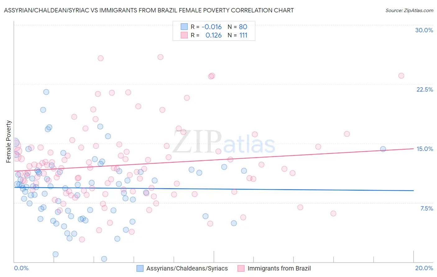 Assyrian/Chaldean/Syriac vs Immigrants from Brazil Female Poverty