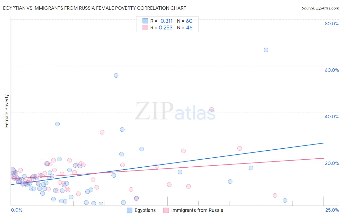 Egyptian vs Immigrants from Russia Female Poverty