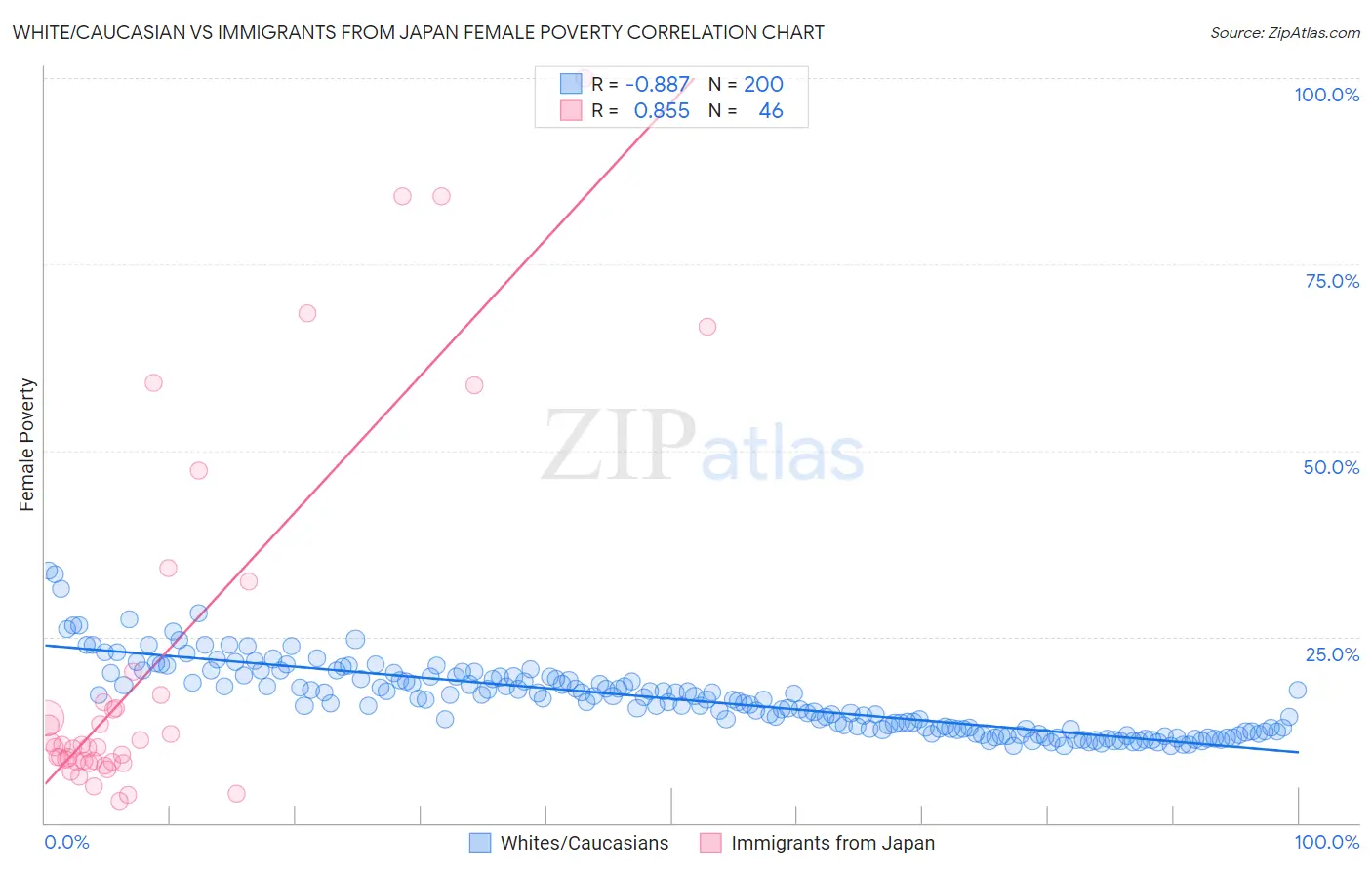 White/Caucasian vs Immigrants from Japan Female Poverty