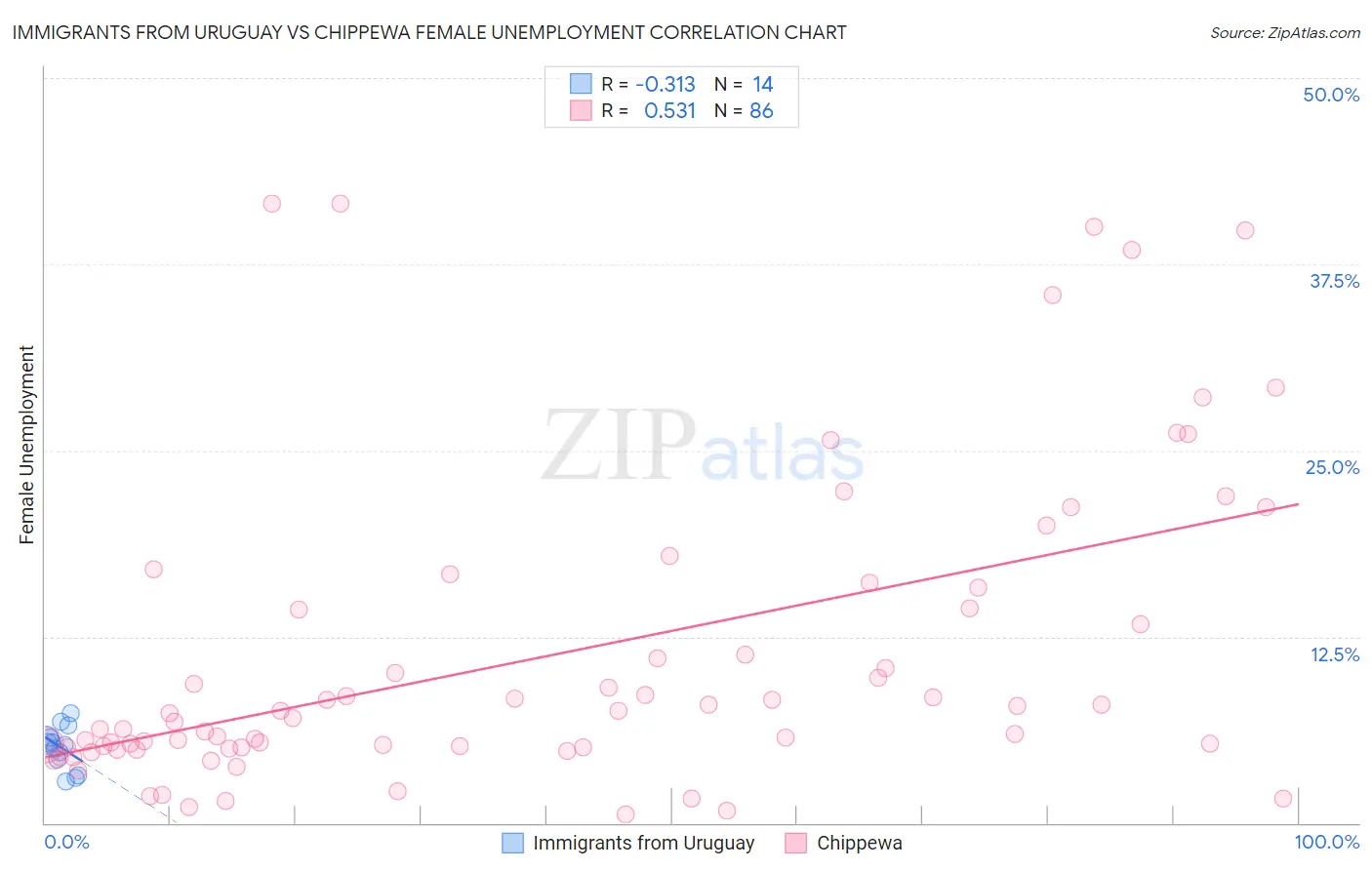 Immigrants from Uruguay vs Chippewa Female Unemployment