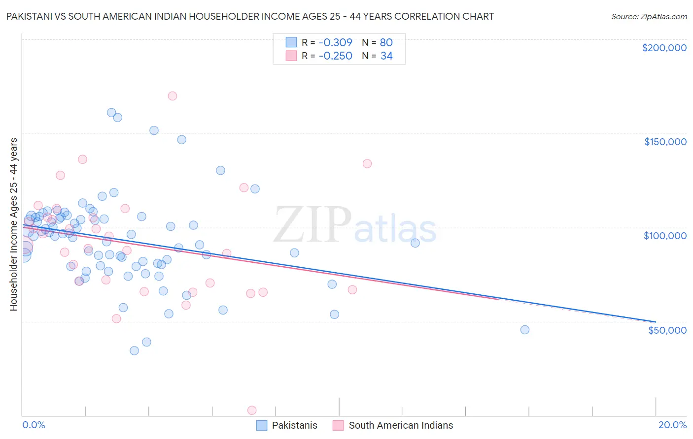 Pakistani vs South American Indian Householder Income Ages 25 - 44 years