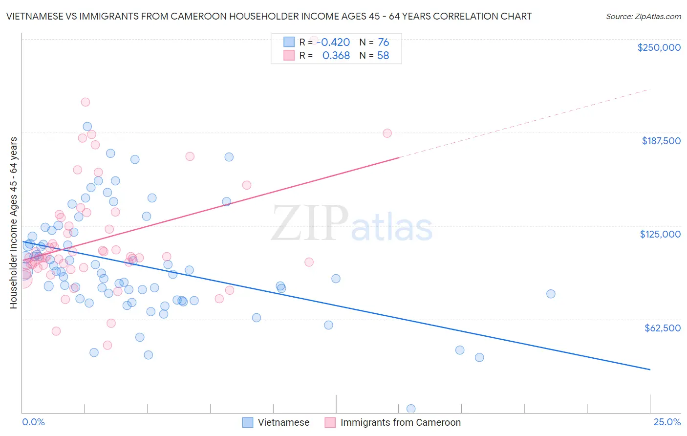 Vietnamese vs Immigrants from Cameroon Householder Income Ages 45 - 64 years