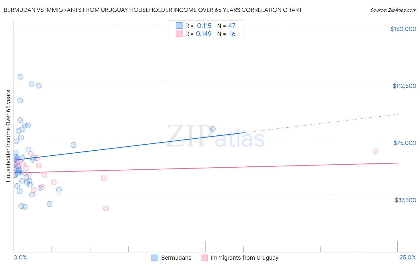 Bermudan vs Immigrants from Uruguay Householder Income Over 65 years