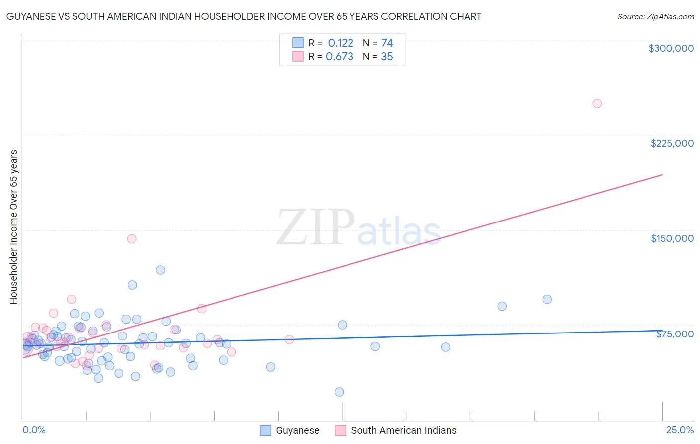 Guyanese vs South American Indian Householder Income Over 65 years
