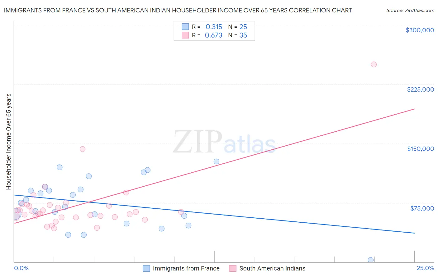 Immigrants from France vs South American Indian Householder Income Over 65 years