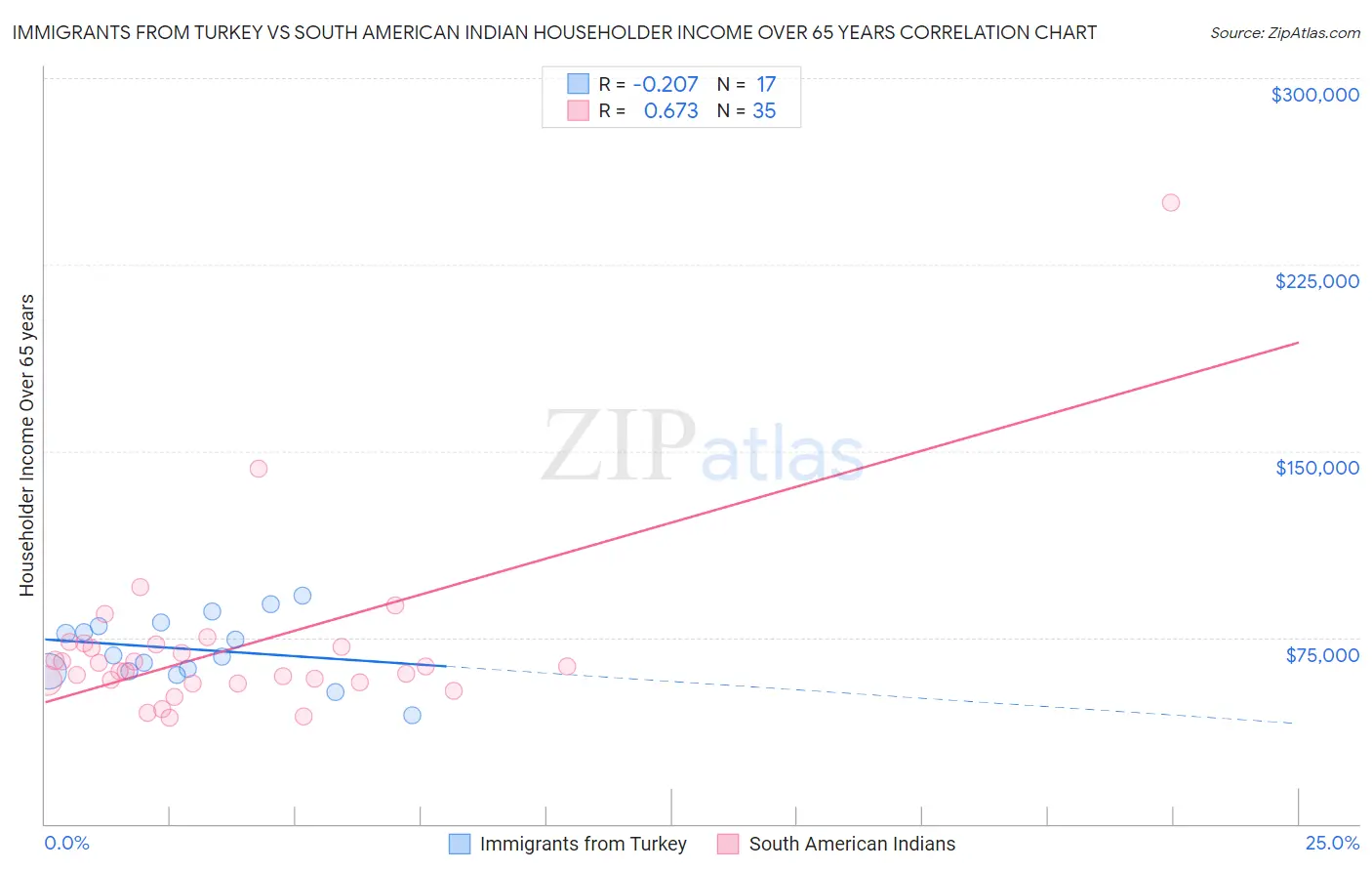 Immigrants from Turkey vs South American Indian Householder Income Over 65 years