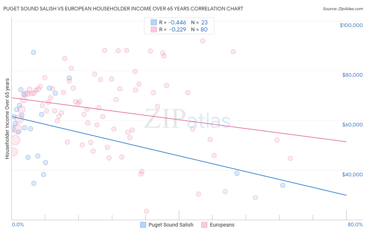 Puget Sound Salish vs European Householder Income Over 65 years