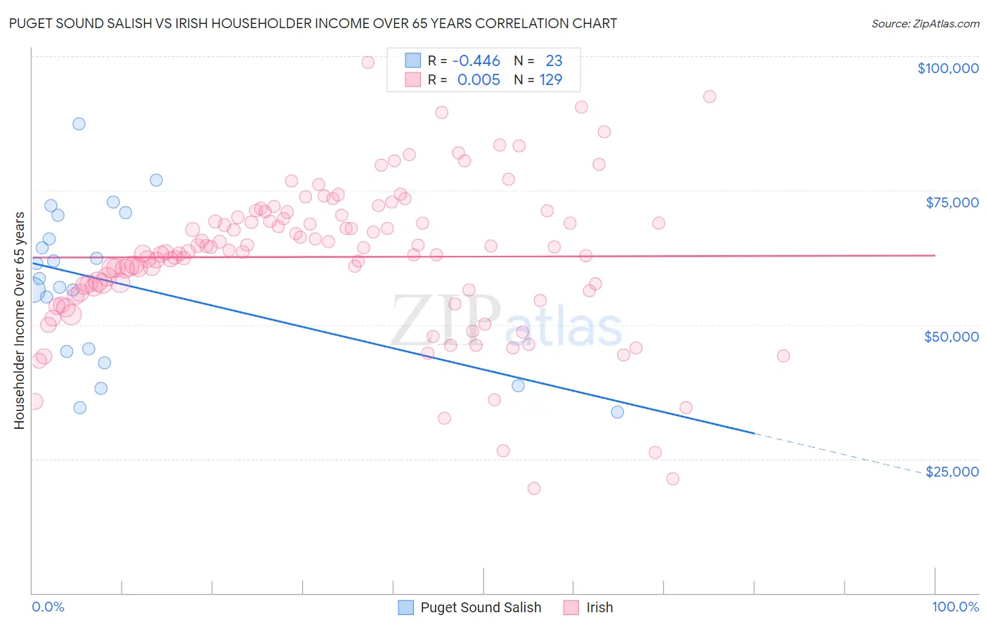 Puget Sound Salish vs Irish Householder Income Over 65 years