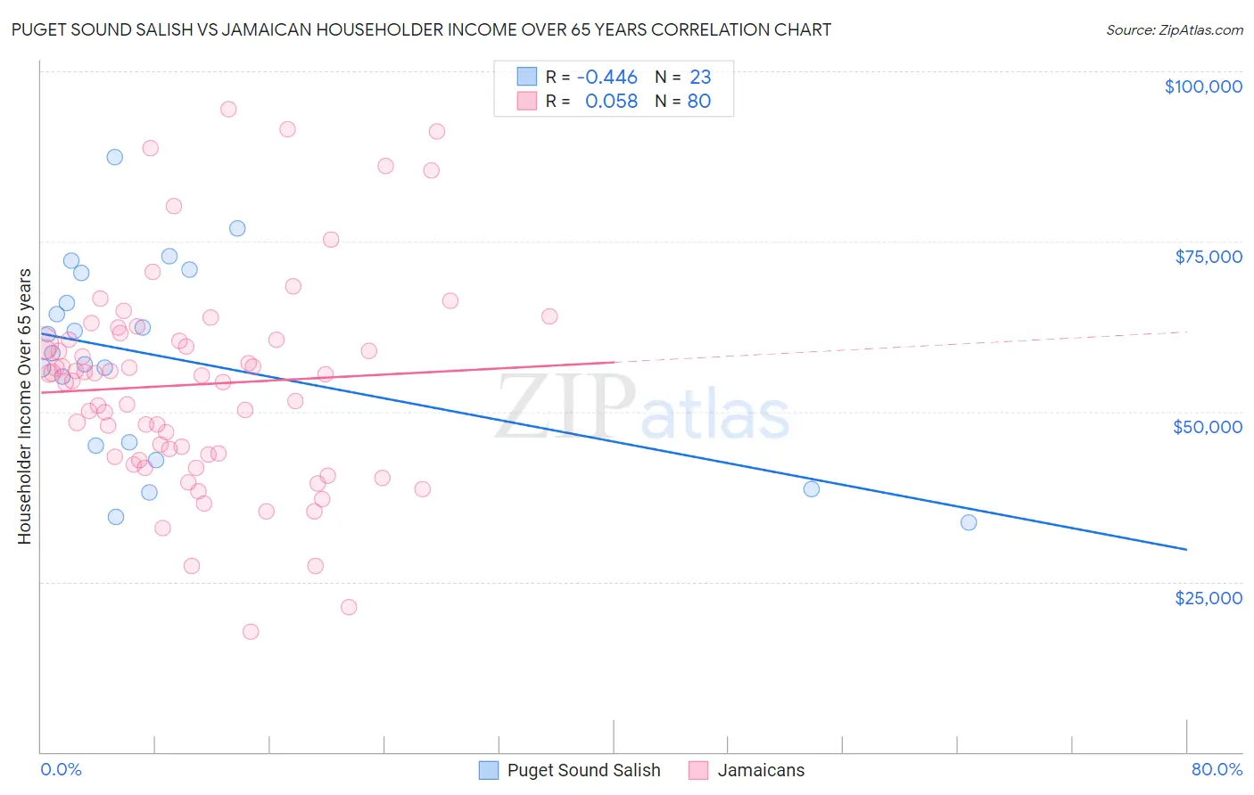 Puget Sound Salish vs Jamaican Householder Income Over 65 years