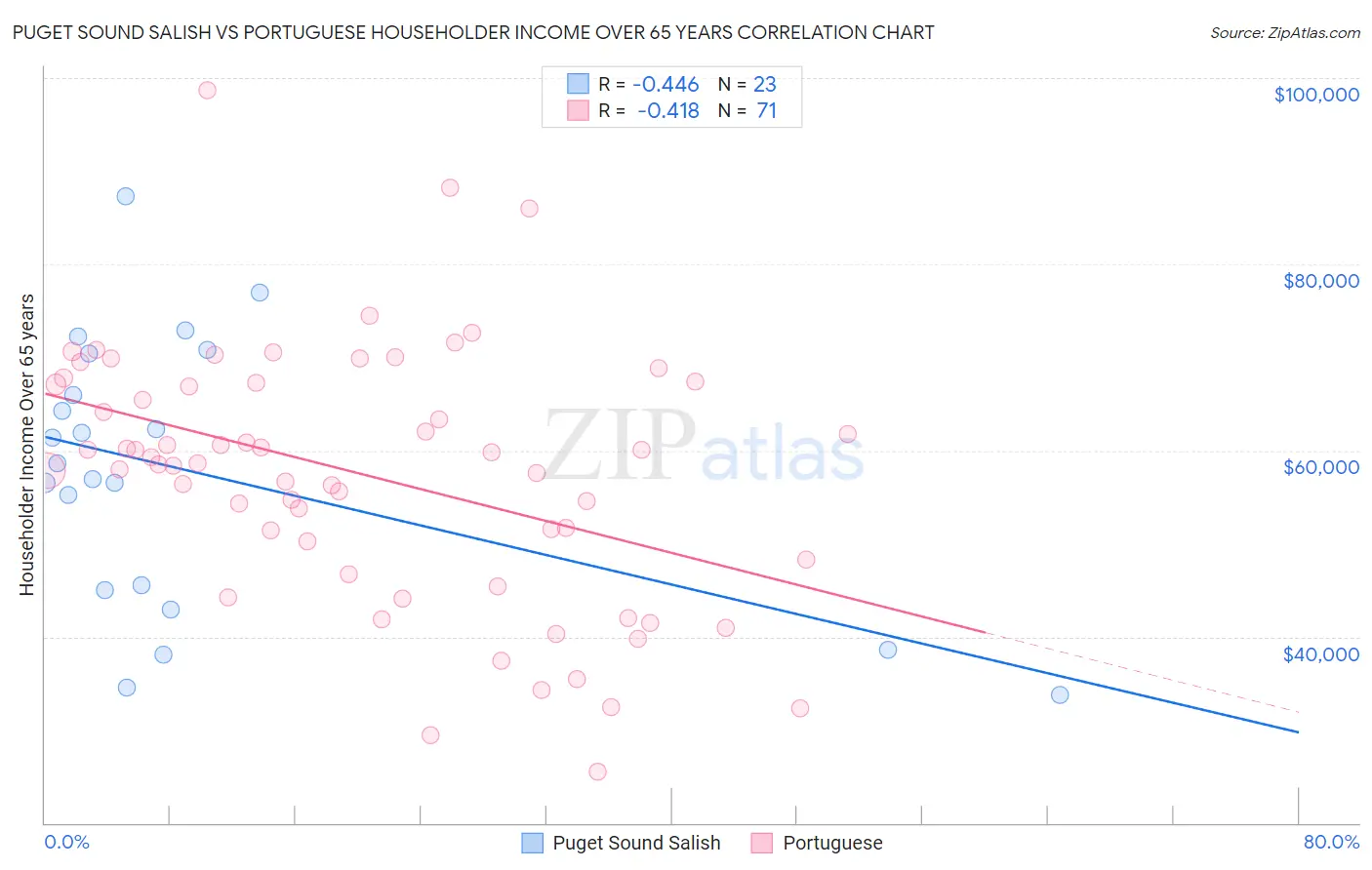 Puget Sound Salish vs Portuguese Householder Income Over 65 years