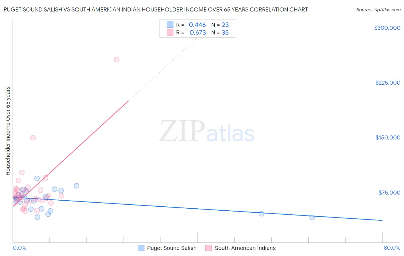 Puget Sound Salish vs South American Indian Householder Income Over 65 years