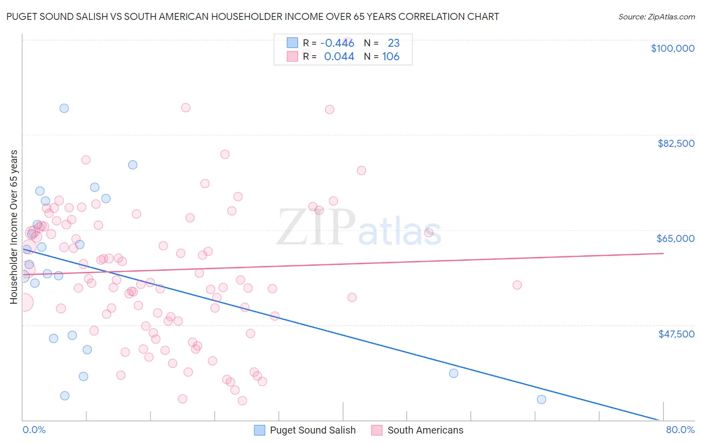 Puget Sound Salish vs South American Householder Income Over 65 years