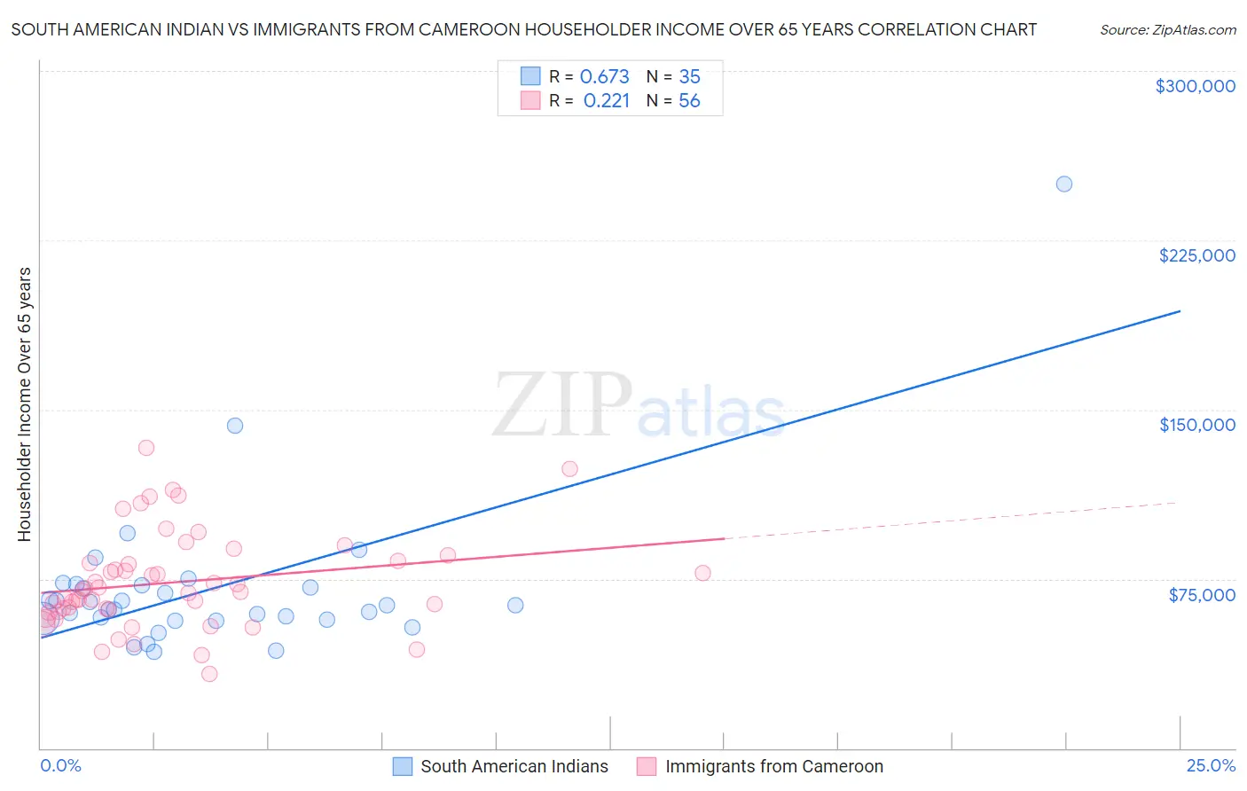 South American Indian vs Immigrants from Cameroon Householder Income Over 65 years