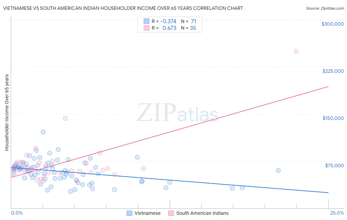 Vietnamese vs South American Indian Householder Income Over 65 years