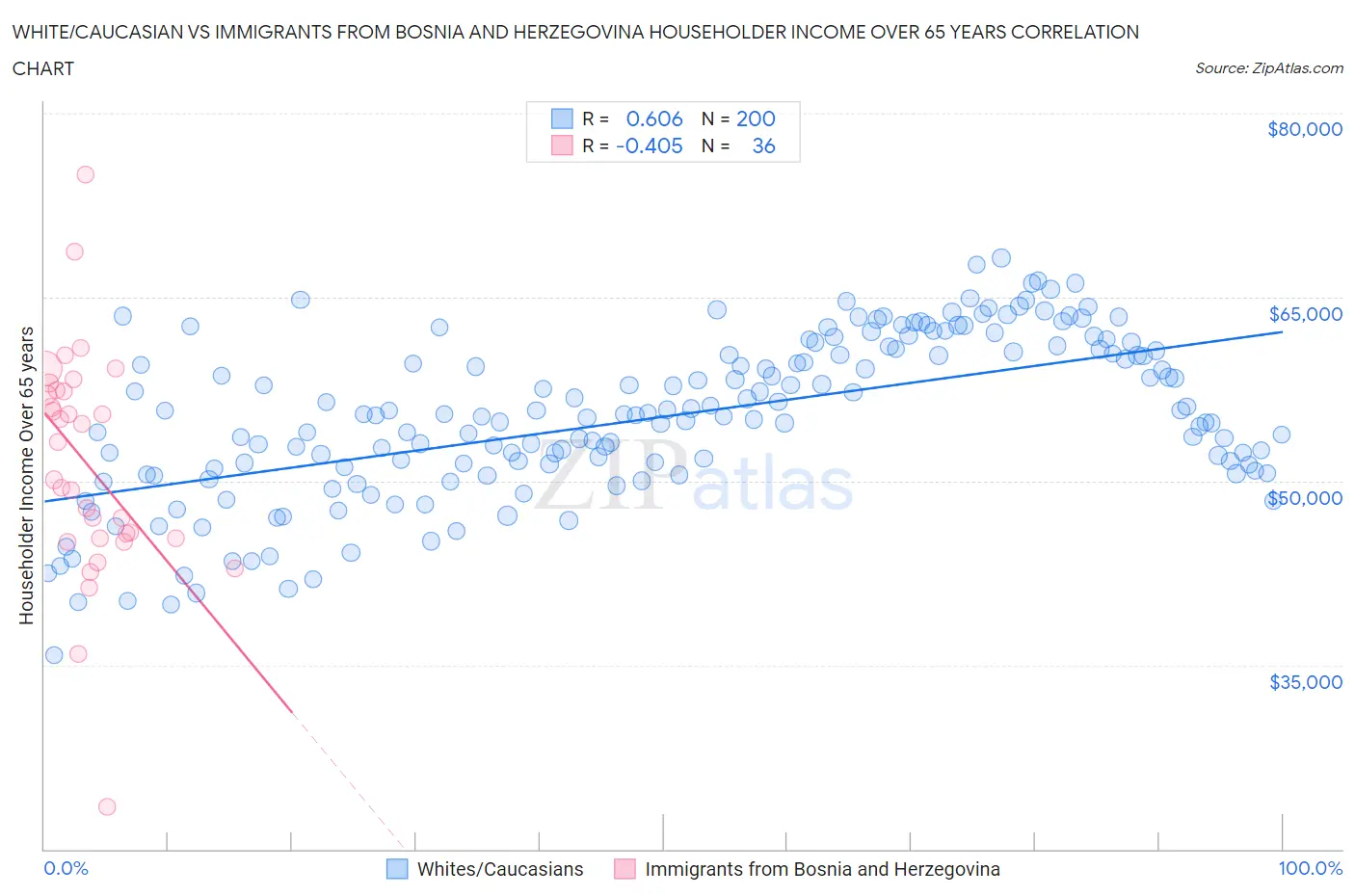 White/Caucasian vs Immigrants from Bosnia and Herzegovina Householder Income Over 65 years